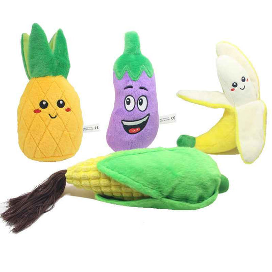 Plush Squeaky Pet Toys – Fruit & Vegetable Shapes for Dogs & Cats (Cactus, Corn, Eggplant)