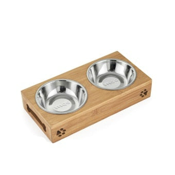 Stainless Steel & Ceramic Pet Bowls with Bamboo Frame – Food & Water Set for Dogs & Cats