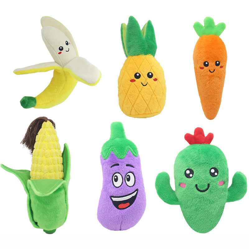 Plush Squeaky Pet Toys – Fruit & Vegetable Shapes for Dogs & Cats (Cactus, Corn, Eggplant)