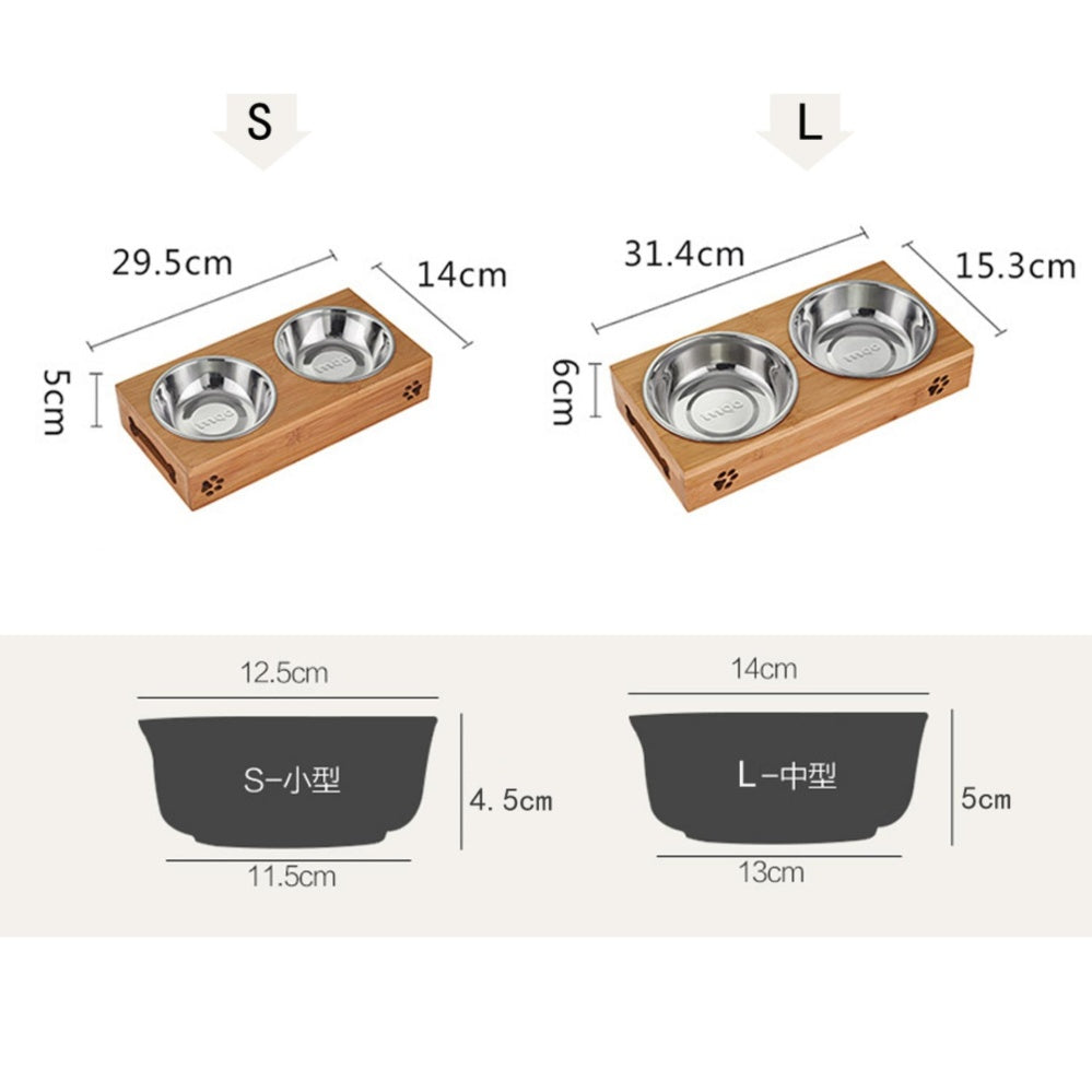 Stainless Steel & Ceramic Pet Bowls with Bamboo Frame – Food & Water Set for Dogs & Cats