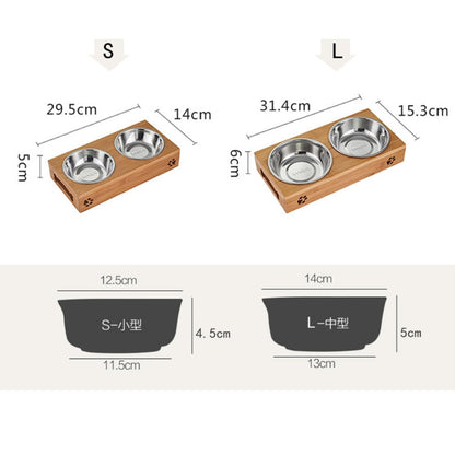 Stainless Steel & Ceramic Pet Bowls with Bamboo Frame – Food & Water Set for Dogs & Cats