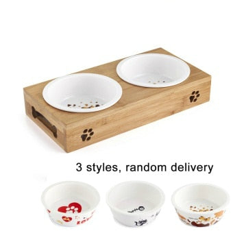 Stainless Steel & Ceramic Pet Bowls with Bamboo Frame – Food & Water Set for Dogs & Cats