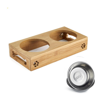 Stainless Steel & Ceramic Pet Bowls with Bamboo Frame – Food & Water Set for Dogs & Cats