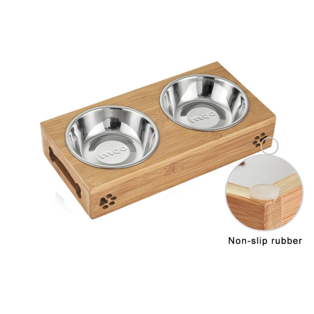 Stainless Steel & Ceramic Pet Bowls with Bamboo Frame – Food & Water Set for Dogs & Cats